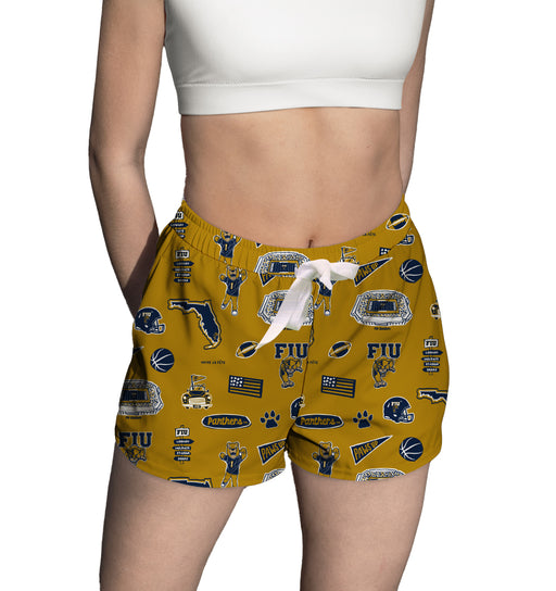 FIU Panthers  Repeat Print Hand Sketched Vive La Fete Impressions Artwork Womens Gold Lounge Shorts