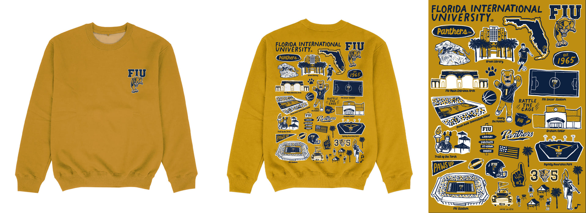 FIU Panthers Hand Sketched Impressions Artwork Gold Crewneck Sweatshirt for Women