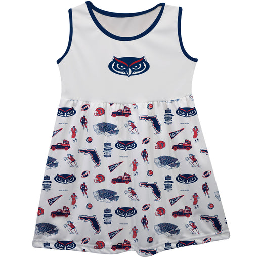 Florida Atlantic Owls Sleeveless Tank Dress Girls White Repeat Print Hand Sketched Vive La Fete Impressions