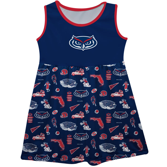 Florida Atlantic Owls Sleeveless Tank Dress Girls Blue Repeat Print Hand Sketched Vive La Fete Impressions