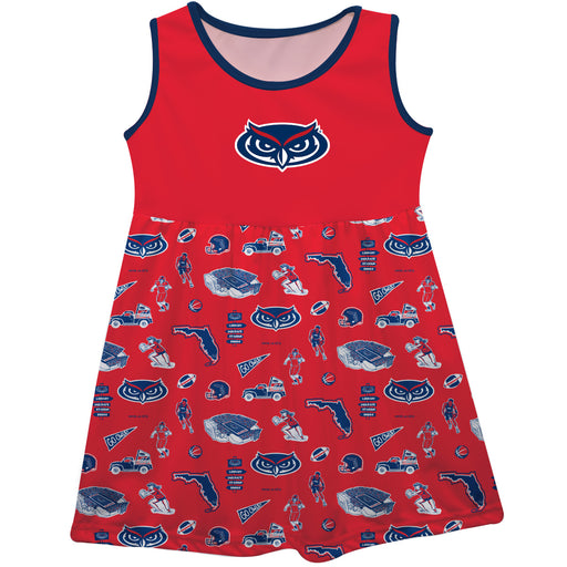 Florida Atlantic Owls Sleeveless Tank Dress Girls Red Repeat Print Hand Sketched Vive La Fete Impressions