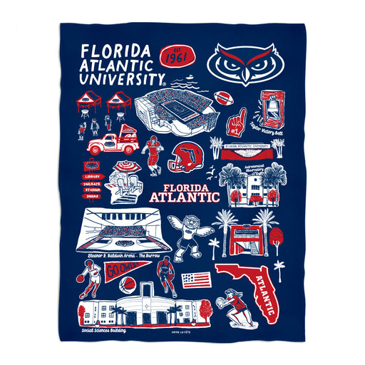 Florida Atlantic Owls Blue Hand Sketched Vive La Fete Impressions Artwork Plush Soft Minky Blanket 36 x 48