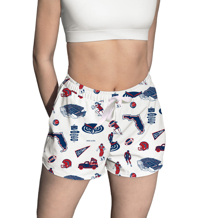 Florida Atlantic Owls Repeat Print Hand Sketched Vive La Fete Impressions Artwork Womens White Lounge Shorts