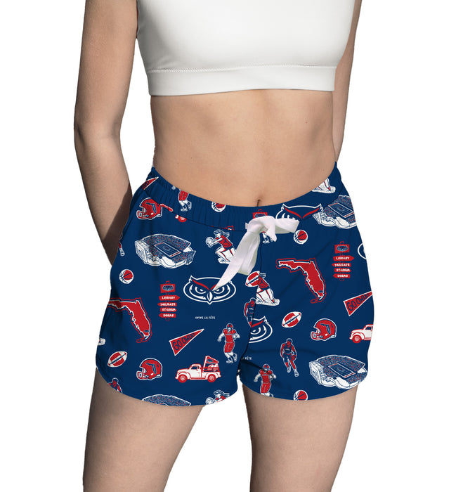 Florida Atlantic Owls Repeat Print Hand Sketched Vive La Fete Impressions Artwork Womens Blue Lounge Shorts