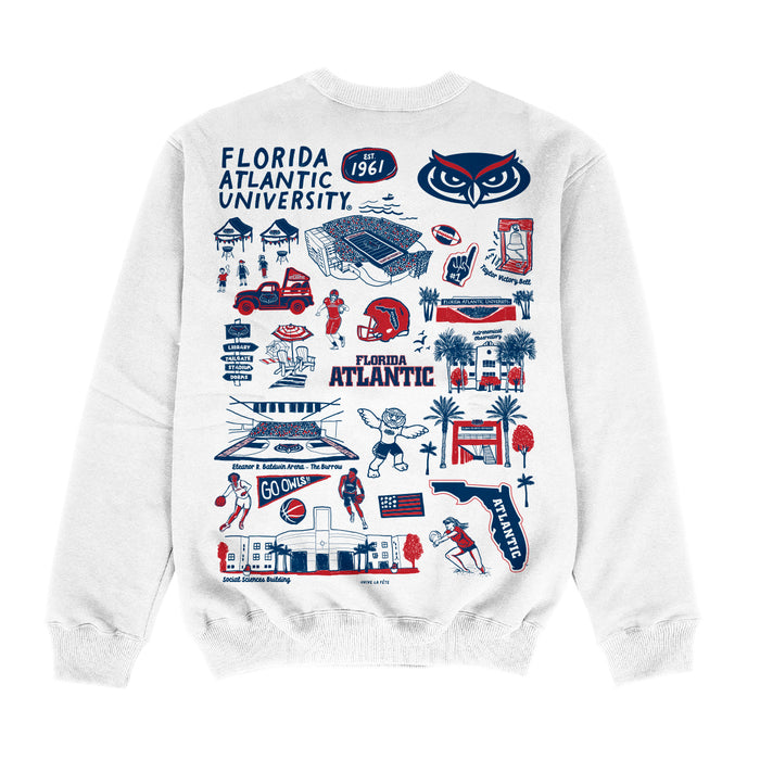 Florida Atlantic Owls Hand Sketched Impressions Artwork White Crewneck Sweatshirt for Women