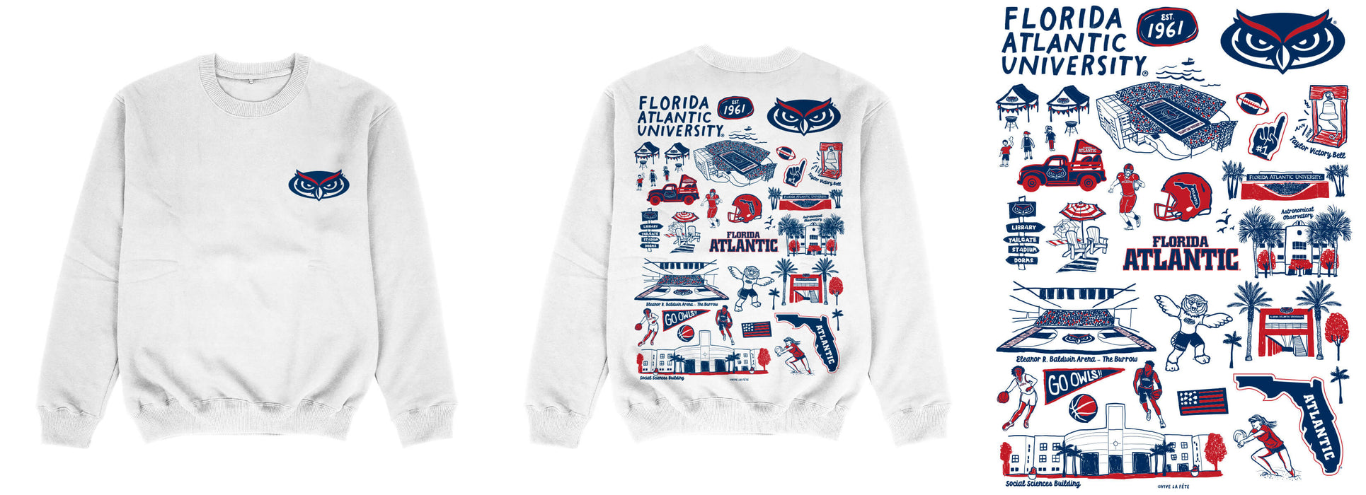 Florida Atlantic Owls Hand Sketched Impressions Artwork White Crewneck Sweatshirt for Women