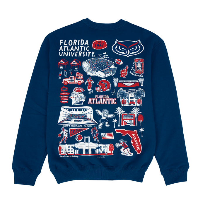 Florida Atlantic Owls Hand Sketched Impressions Artwork Blue Crewneck Sweatshirt for Women