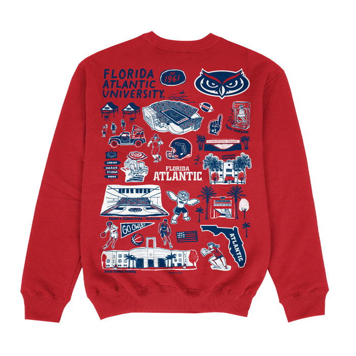 Florida Atlantic Owls Hand Sketched Impressions Artwork Red Crewneck Sweatshirt for Women