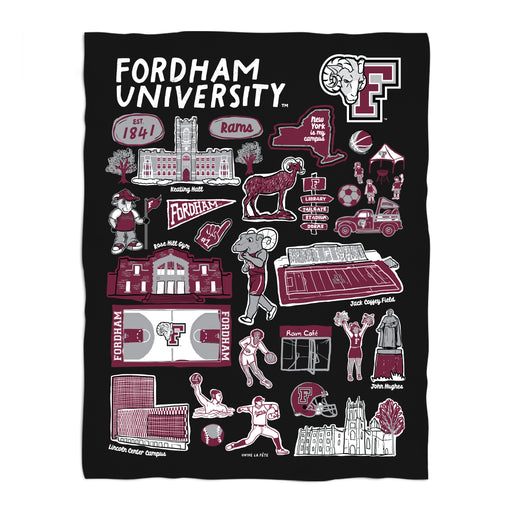 Fordham Rams Black Hand Sketched Vive La Fete Impressions Artwork Plush Soft Minky Blanket 36 x 48