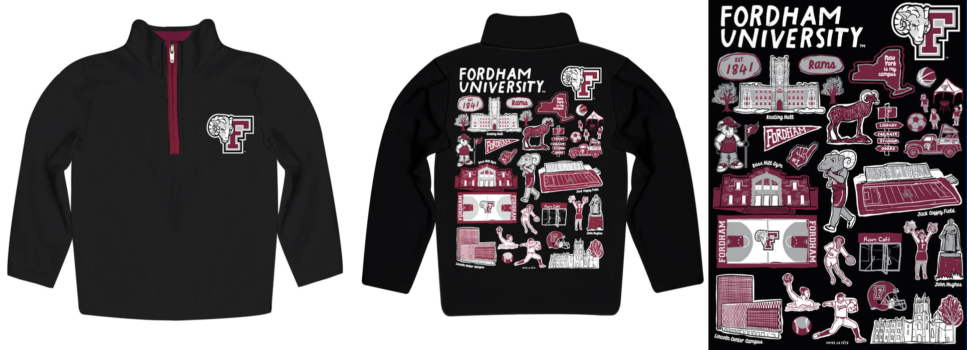 Fordham Rams Hand Sketched Vive La Fete Impressions Artwork  Black Boys Quarter Zip Pullover V1