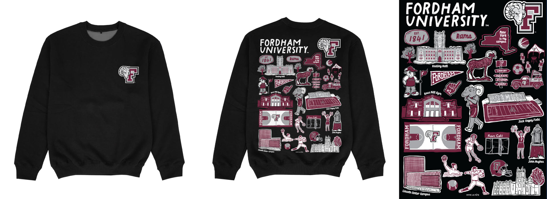 Fordham Rams Hand Sketched Impressions Artwork Black Crewneck Sweatshirt for Women