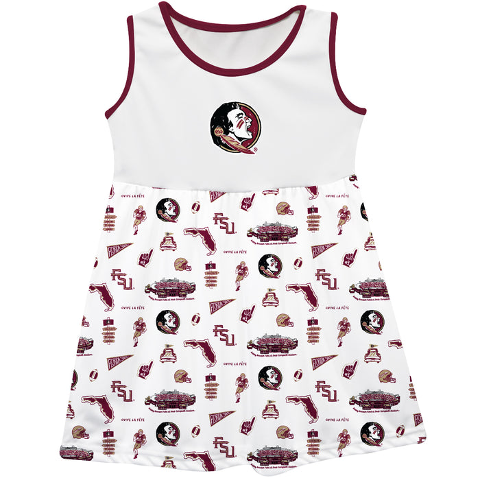 Florida State Seminoles Sleeveless Tank Dress Girls White Repeat Print Hand Sketched Vive La Fete Impressions