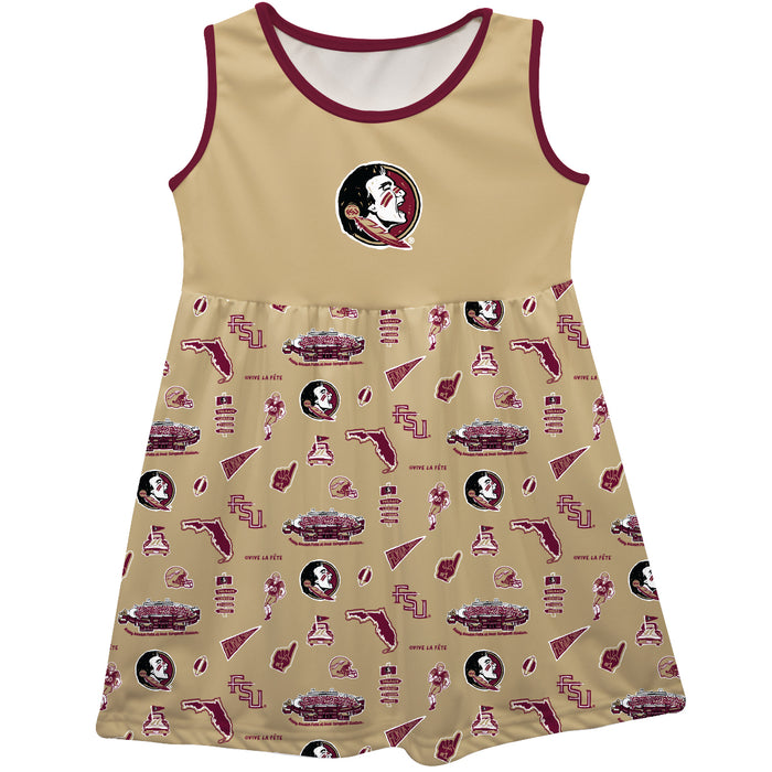 Florida State Seminoles Sleeveless Tank Dress Girls Gold Repeat Print Hand Sketched Vive La Fete Impressions