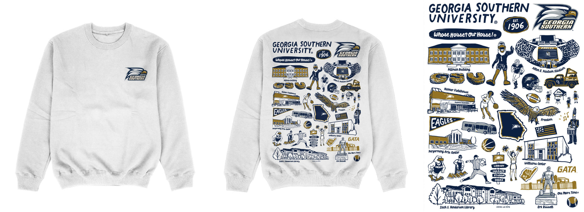 Georgia Southern Eagles Hand Sketched Impressions Artwork White Crewneck Sweatshirt for Women