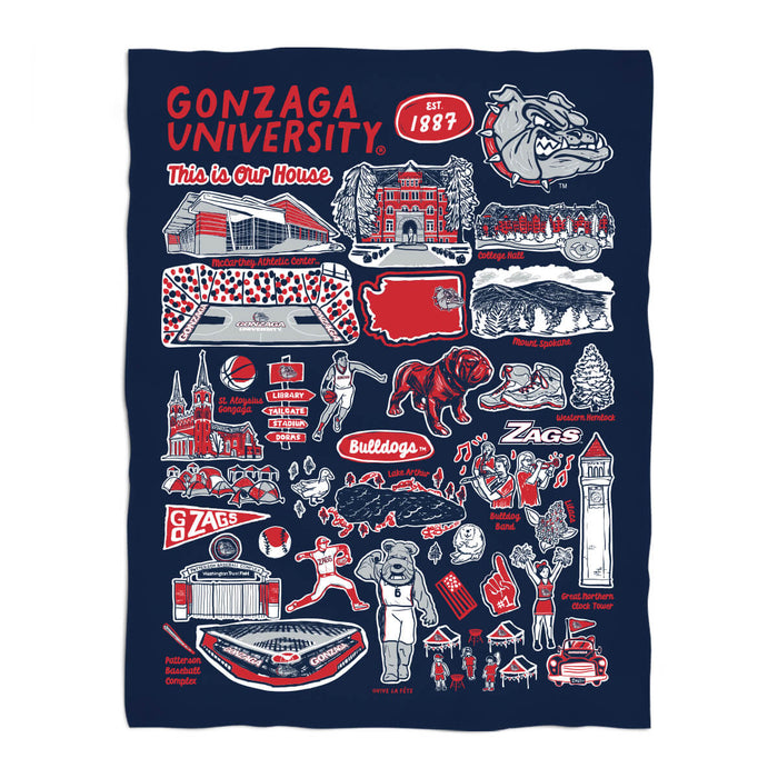 Gonzaga University Bulldogs Zags GU Blue Hand Sketched Vive La Fete Impressions Artwork Plush Soft Minky Blanket 36 x 48