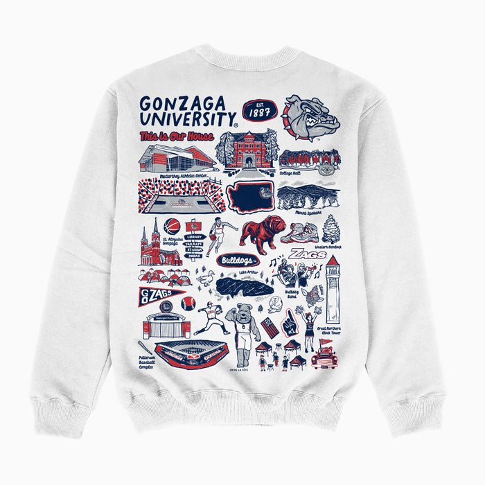 Gonzaga University Bulldogs Zags GU Hand Sketched Impressions Artwork White Crewneck Sweatshirt for Women