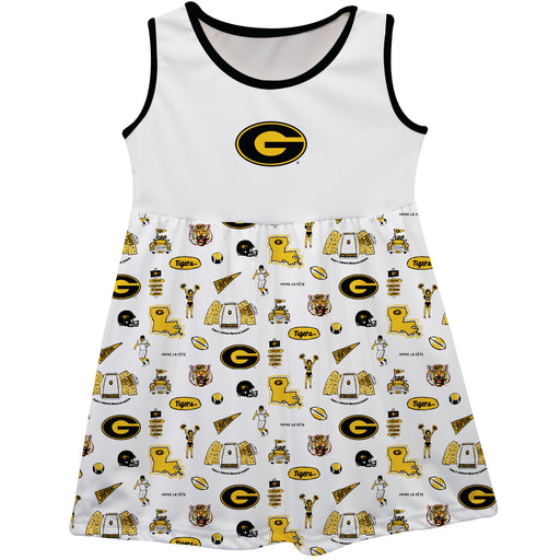 Grambling State Tigers GSU Sleeveless Tank Dress Girls White Repeat Print Hand Sketched Vive La Fete Impressions