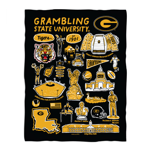 Grambling State Tigers GSU Black Hand Sketched Vive La Fete Impressions Artwork Plush Soft Minky Blanket 36 x 48