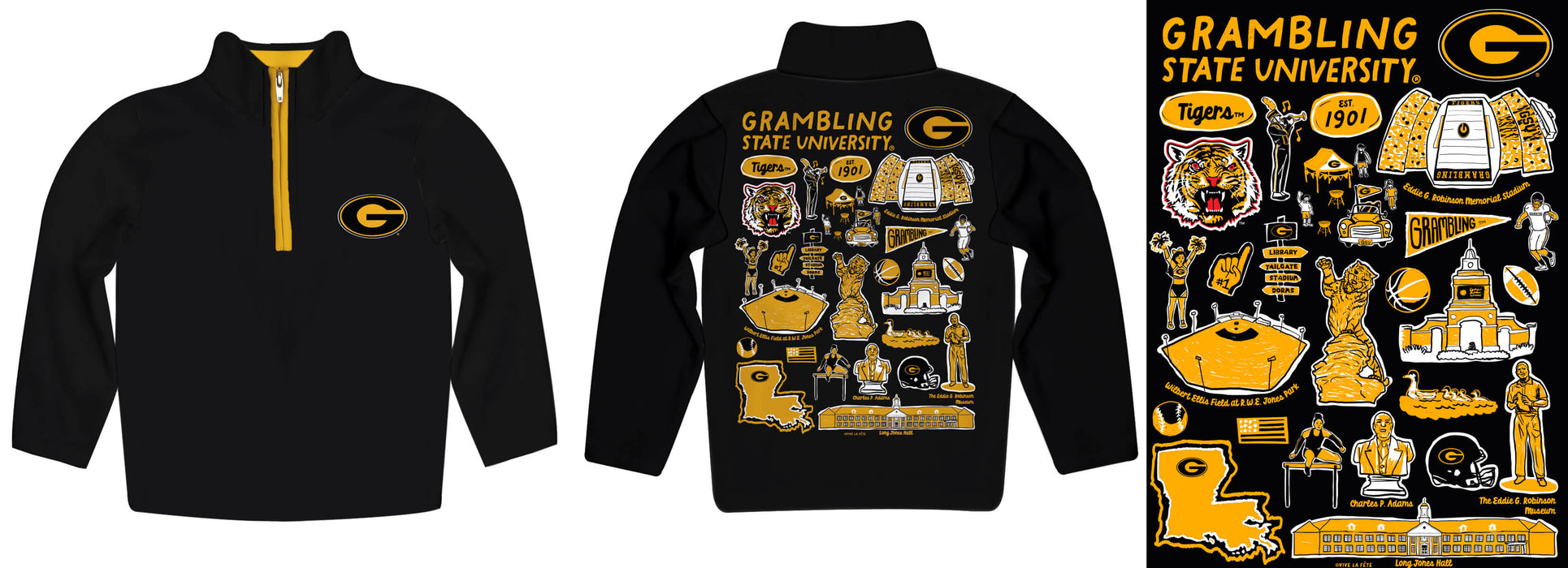 Grambling State Tigers GSU Hand Sketched Vive La Fete Impressions Artwork Black Boys Quarter Zip Pullover V1