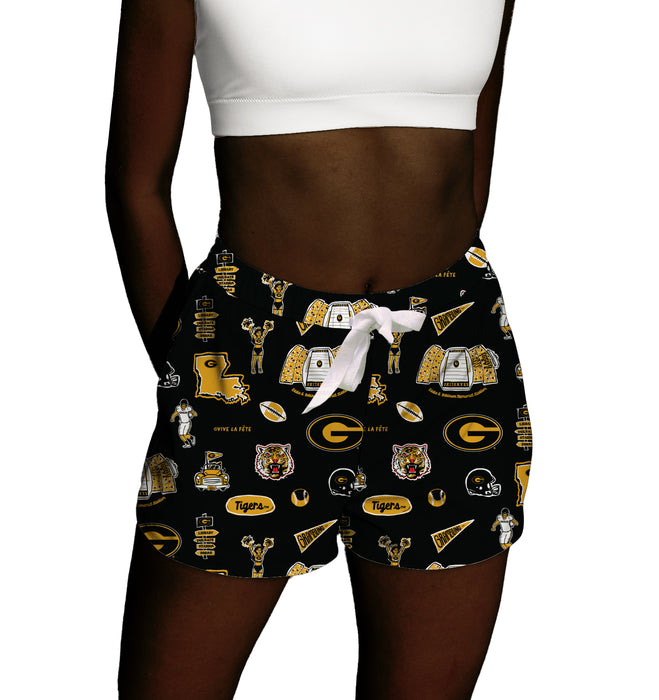 Grambling State Tigers GSU Repeat Print Hand Sketched Vive La Fete Impressions Artwork Womens Black Lounge Shorts