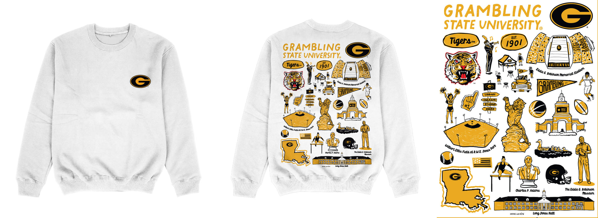 Grambling State Tigers GSU Hand Sketched Impressions Artwork White Crewneck Sweatshirt for Women