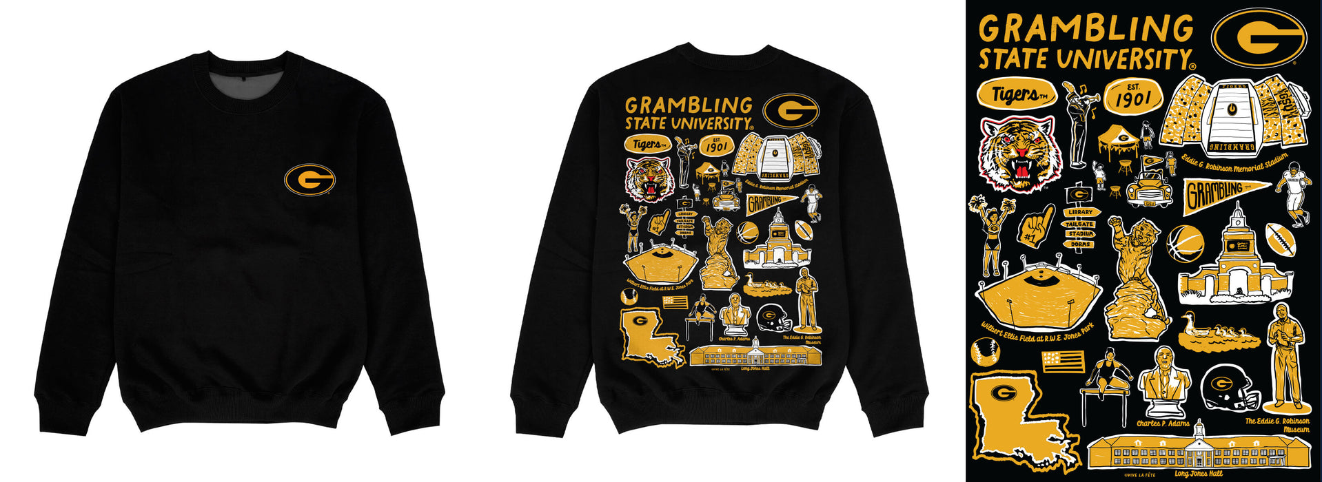 Grambling State Tigers GSU Hand Sketched Impressions Artwork Black Crewneck Sweatshirt for Women