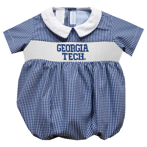 Georgia Tech Yellow Jackets Smocked Navy Gingham Short Sleeve Boys Bubble