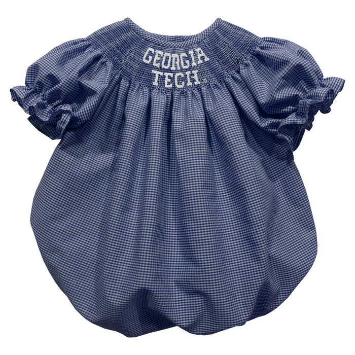 Georgia Tech Yellow Jackets Smocked Navy Gingham Short Sleeve Girls Bubble