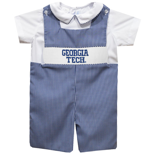 Georgia Tech Yellow Jackets Smocked Navy Gingham Jon Jon And Short Sleeve White Shirt