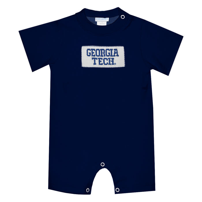 Georgia Tech Yellow Jackets Smocked Navy Knit Short Sleeve Boys Romper