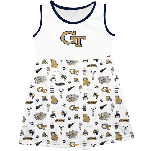 Georgia Tech Yellow Jackets Sleeveless Tank Dress Girls White Repeat Print Hand Sketched Vive La Fete Impressions