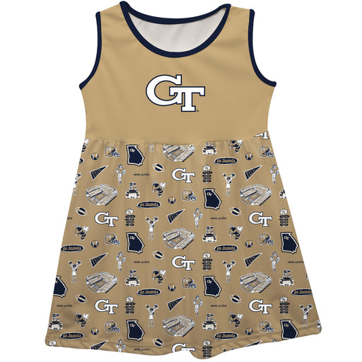 Georgia Tech Yellow Jackets Sleeveless Tank Dress Girls Gold Repeat Print Hand Sketched Vive La Fete Impressions