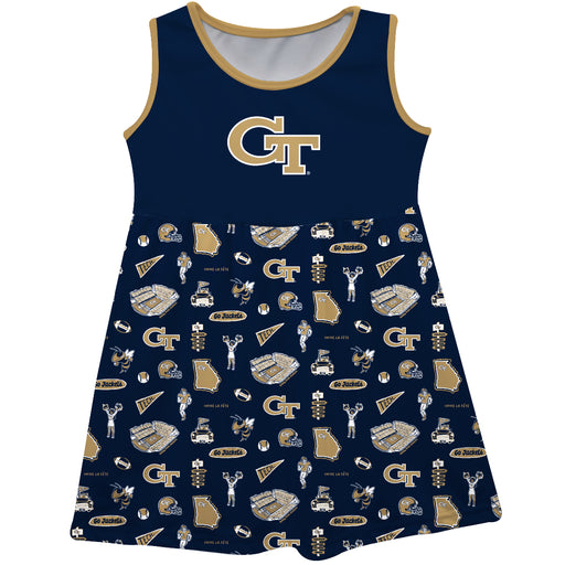 Georgia Tech Yellow Jackets Sleeveless Tank Dress Girls Navy Repeat Print Hand Sketched Vive La Fete Impressions