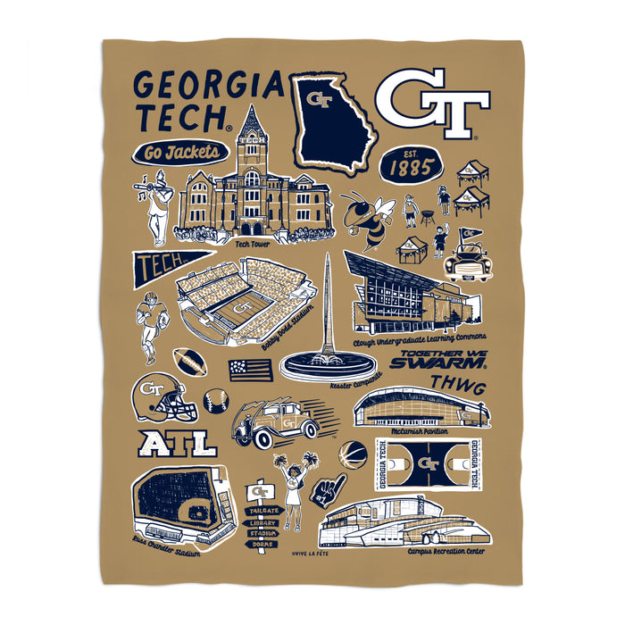 Georgia Tech Gold Hand Sketched Vive La Fete Impressions Artwork Gold Plush Soft Minky Blanket 36 x 48