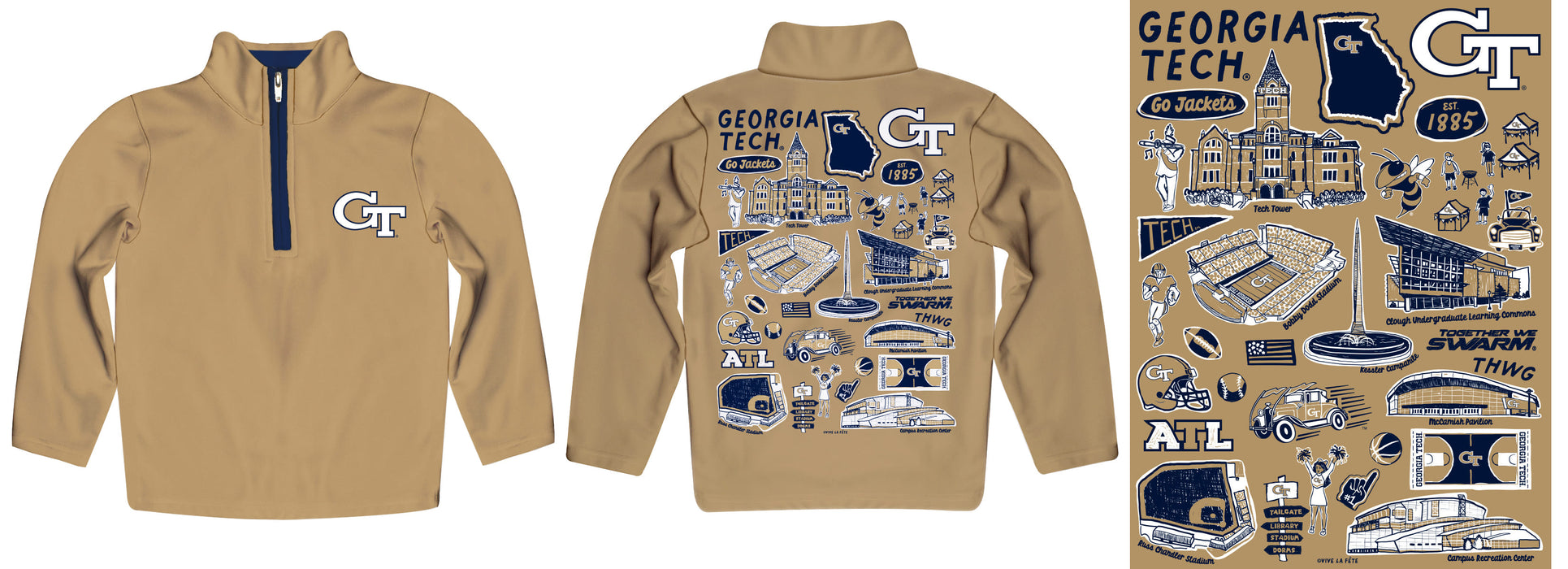 Georgia Tech Yellow Jackets Hand Sketched Vive La Fete Impressions Artwork Gold Boys Quarter Zip Pullover V1