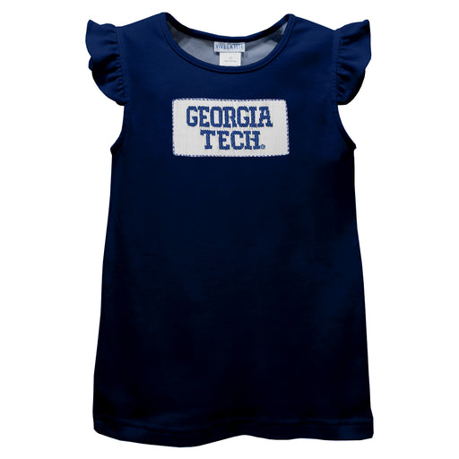 Georgia Tech Yellow Jackets Smocked Navy Knit Angel Wing Sleeves Girls Tshirt