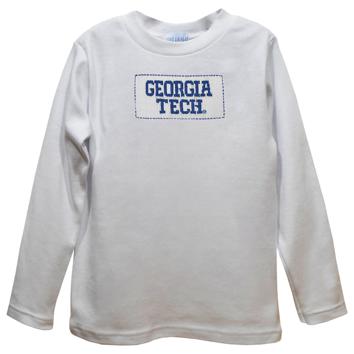 Georgia Tech Yellow Jackets Smocked White Knit Long Sleeve Boys Tee Shirt