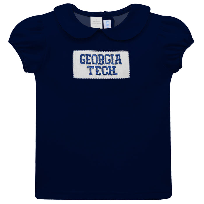 Georgia Tech Yellow Jackets Smocked Navy Knit Peter Pan Collar Short Sleeve