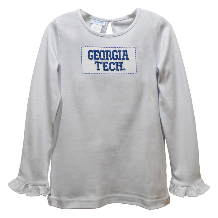 Georgia Tech Yellow Jackets Smocked White Knit Ruffle Long Sleeve Girls Tshirt