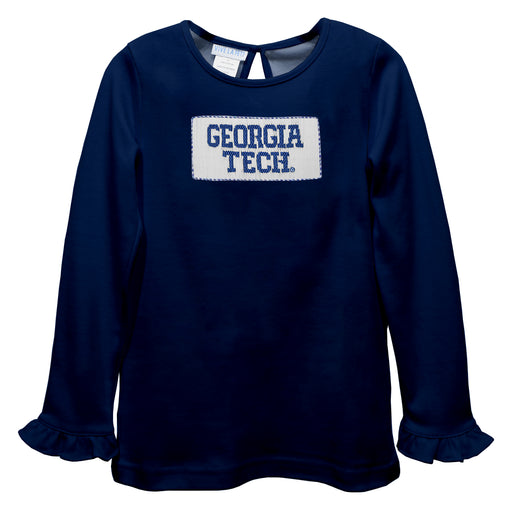 Georgia Tech Yellow Jackets Smocked Navy Knit Ruffle Long Sleeve Girls Tshirt