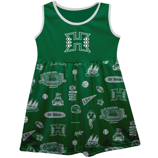 Hawaii Rainbow Warriors Sleeveless Tank Dress Girls Green Repeat Print Hand Sketched Vive La Fete Impressions