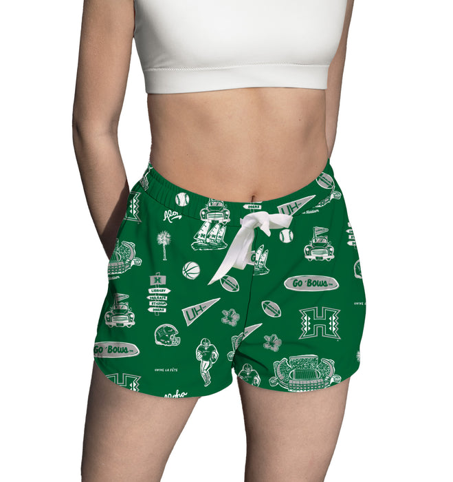 Hawaii Rainbow Warriors Repeat Print Hand Sketched Vive La Fete Impressions Artwork Womens Green Lounge Shorts