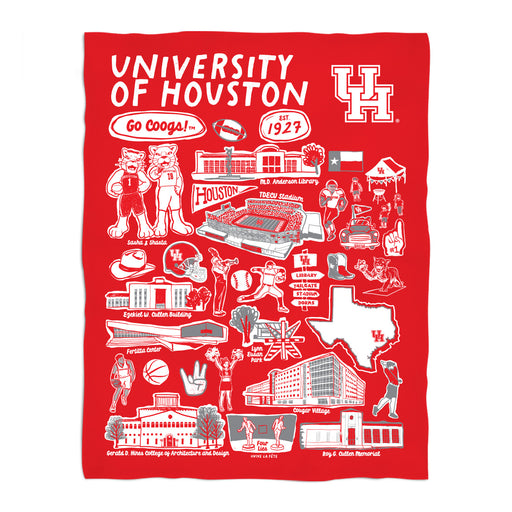 University of Houston Cougars Red Hand Sketched Vive La Fete Impressions Artwork Plush Soft Minky Blanket 36 x 48