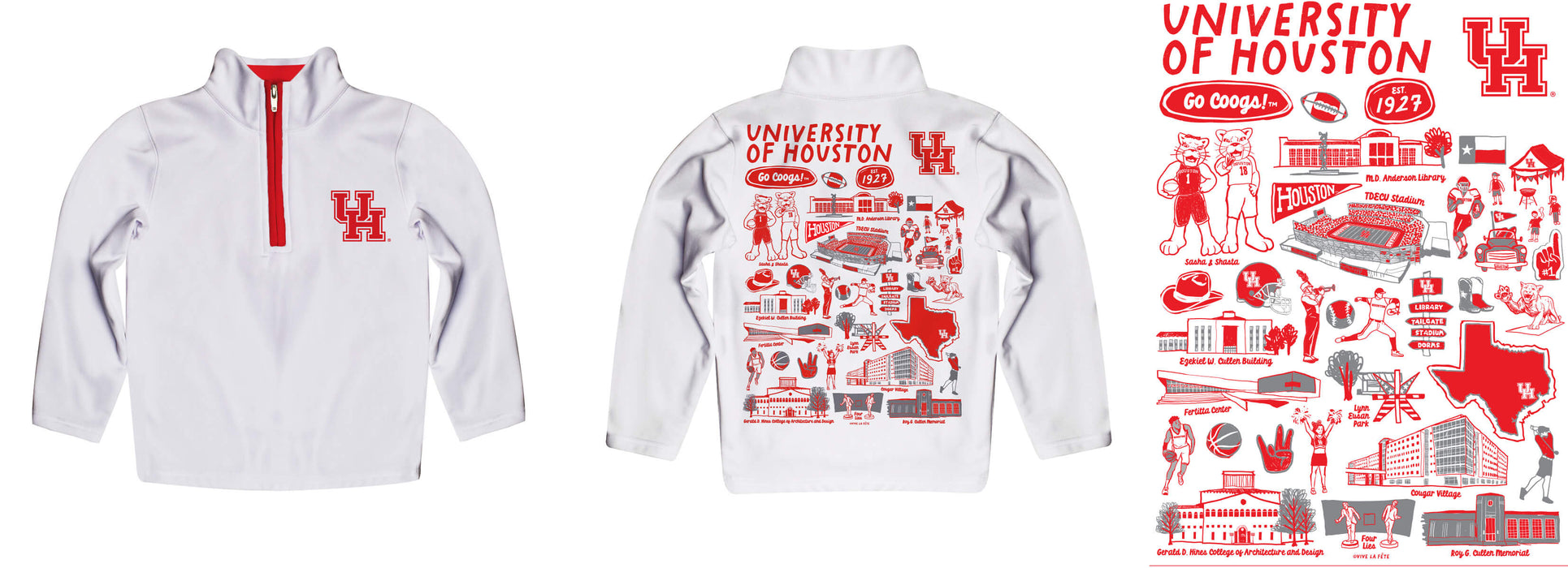 University of Houston Cougars Hand Sketched Vive La Fete Impressions Artwork White Boys Quarter Zip Pullover V1