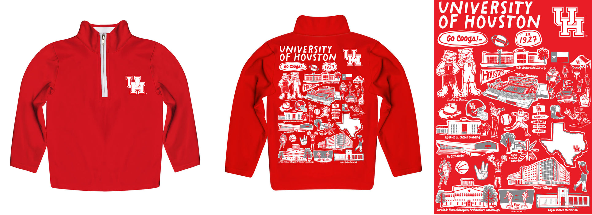 University of Houston Cougars Hand Sketched Vive La Fete Impressions Artwork Red Boys Quarter Zip Pullover V1