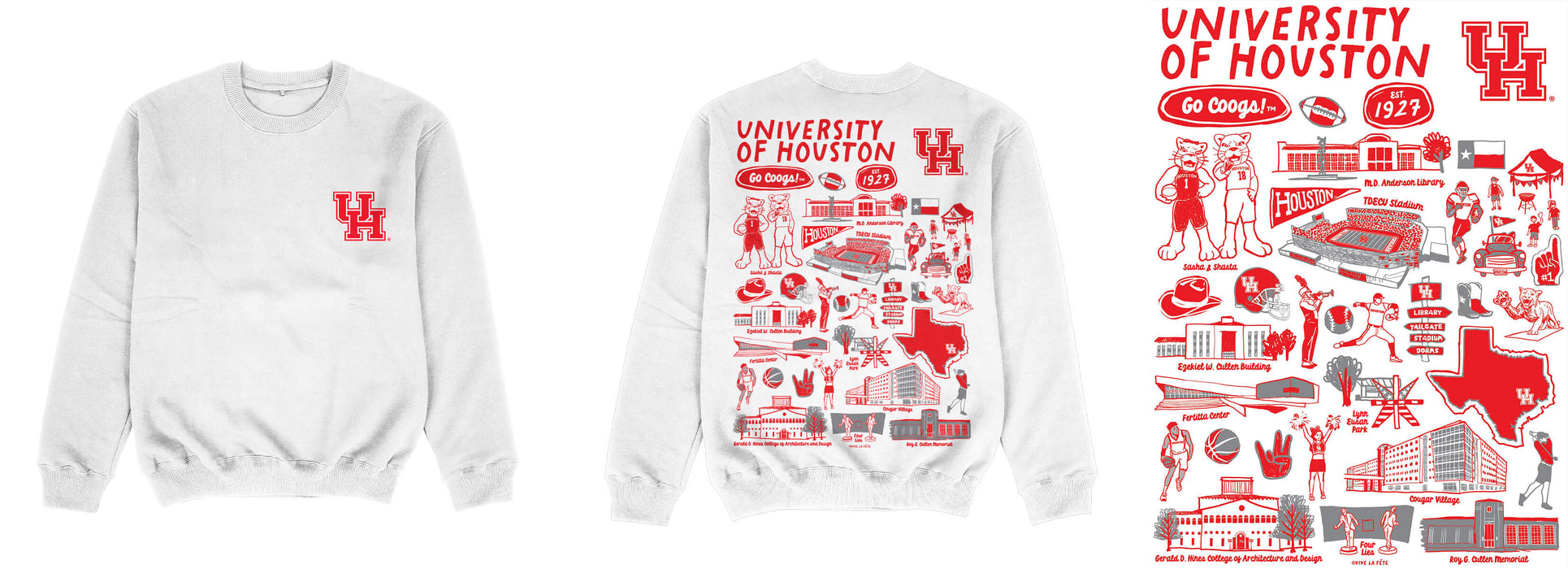 University of Houston Cougars Hand Sketched Impressions Artwork White Crewneck Sweatshirt for Women