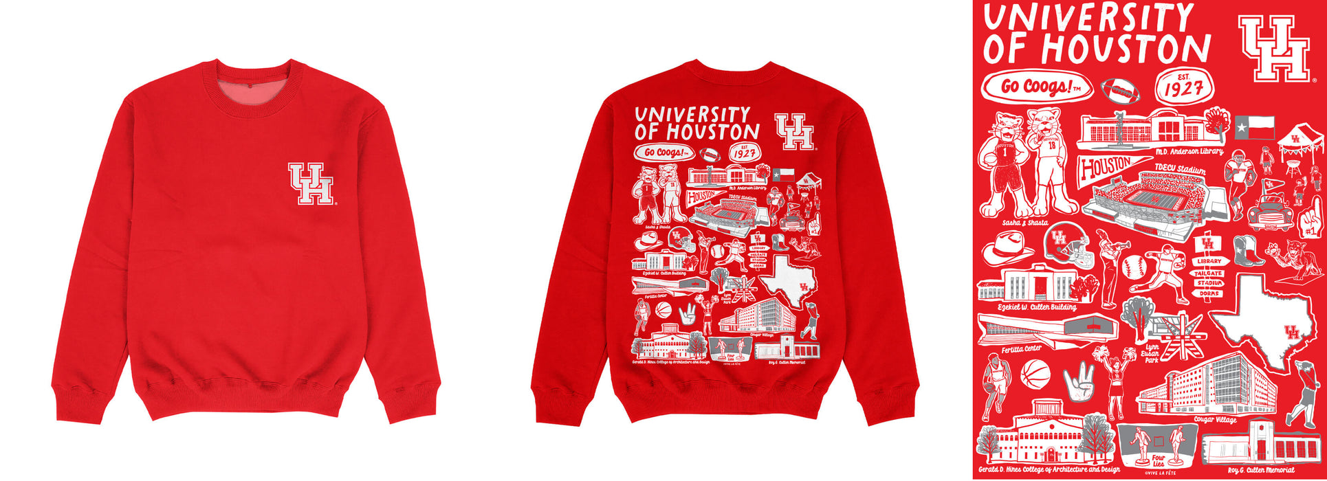 University of Houston Cougars Hand Sketched Impressions Artwork Red Crewneck Sweatshirt for Women