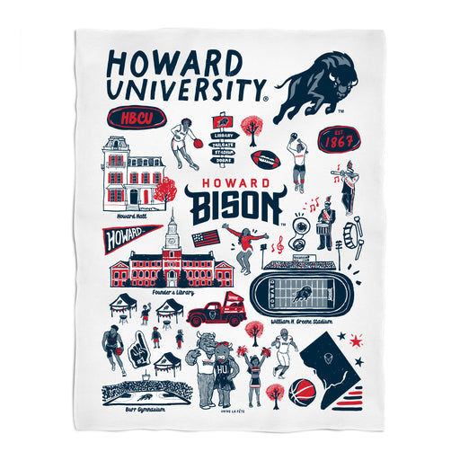 Howard University Bison White Hand Sketched Vive La Fete Impressions Artwork Plush Soft Minky Blanket 36 x 48