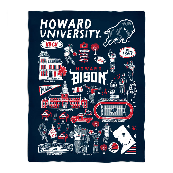 Howard University Bison Navy Hand Sketched Vive La Fete Impressions Artwork Plush Soft Minky Blanket 36 x 48