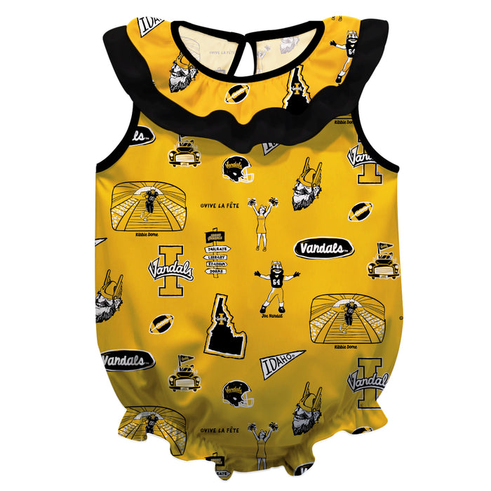 Idaho Vandals Yellow Repeat Print Hand Sketched Vive La Fete Impressions Artwork Sleeveless Ruffle Onesie Bodysuit